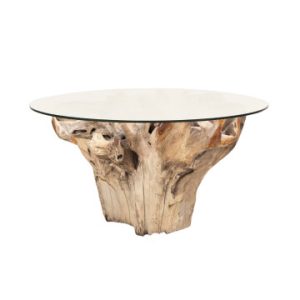 mesa con base de tronco de madera y cristal