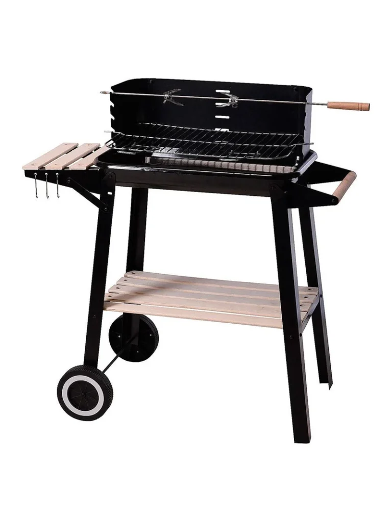 Barbacoa de carbón con ruedas y estantes