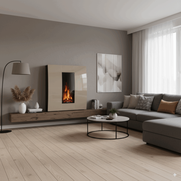Salón moderno con chimenea y sofá gris.