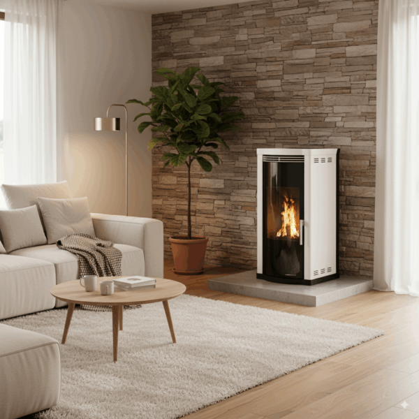 Salón acogedor con chimenea moderna y sofá beige.