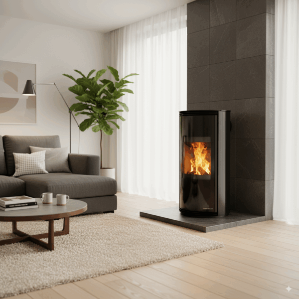Sala moderna con chimenea encendida y sofá gris.
