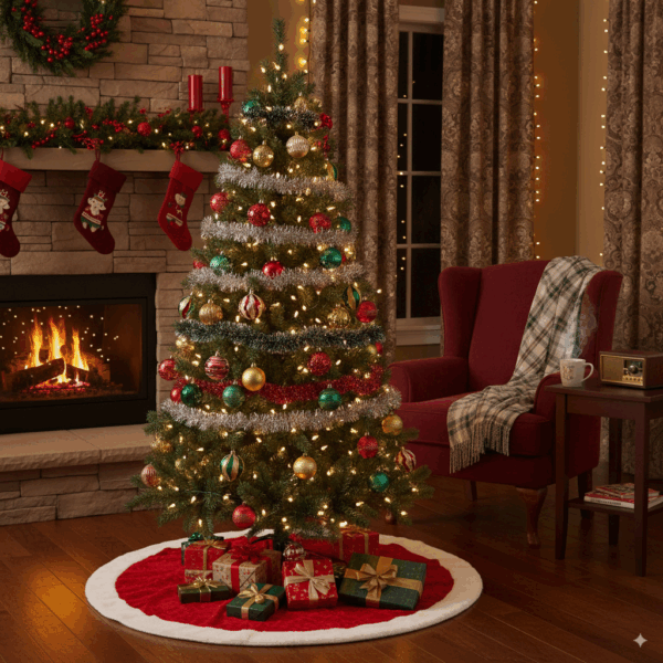 Salón navideño con árbol decorado y chimenea.