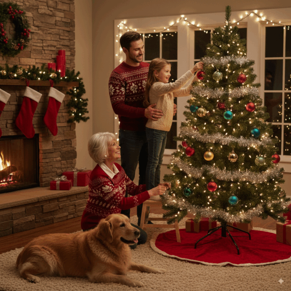 Familia decorando árbol de Navidad juntos en el hogar.