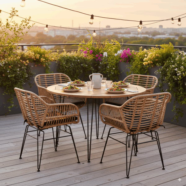 Terraza al atardecer con mesa y sillas modernas.