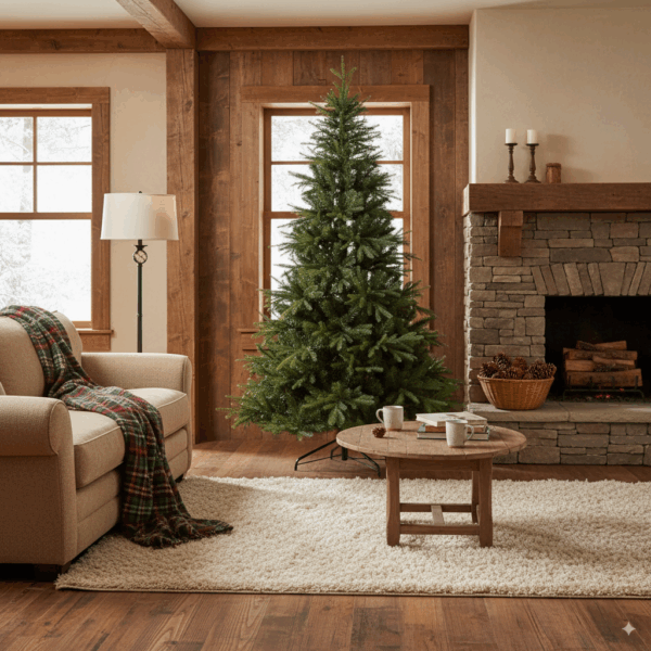 Sala rústica con árbol de Navidad y chimenea.