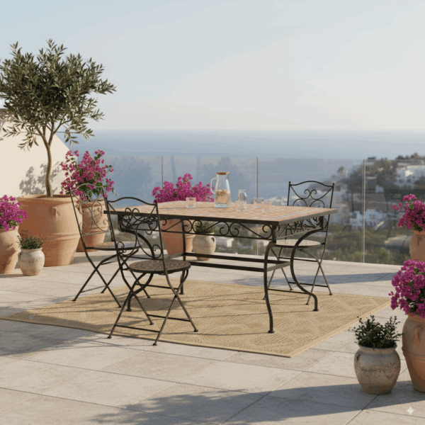Terraza con mesa, sillas y vistas al mar.
