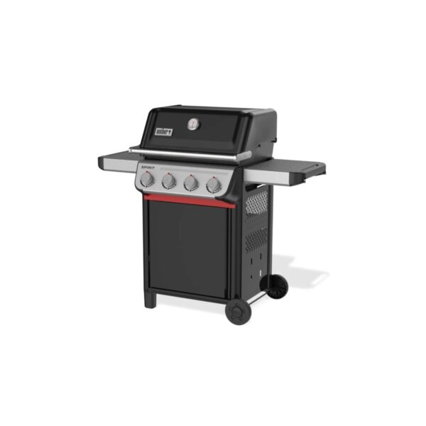 Parrilla de gas negra con cuatro controles y estante.