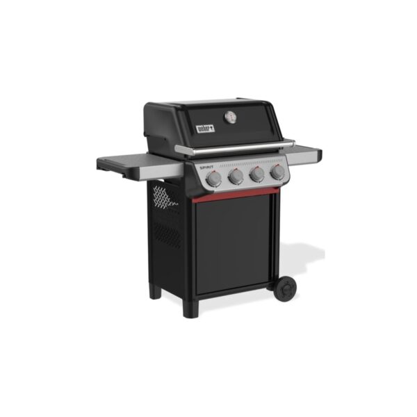 Parrilla de gas negra con cuatro quemadores.