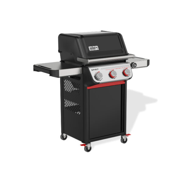 Parrilla de gas negra con tres quemadores.