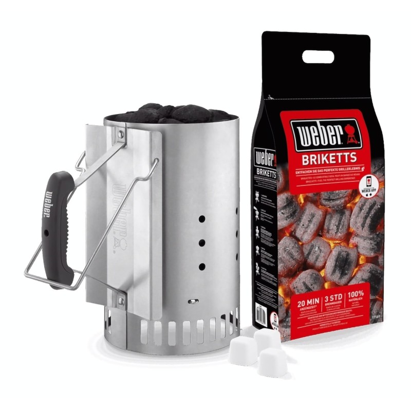 Encendedor chimenea y briquetas de carbón Weber.