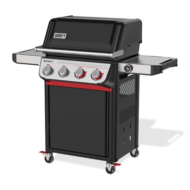 Barbacoa de gas con tres quemadores y ruedas.