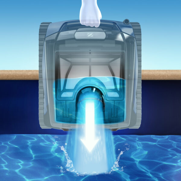 Robot limpia piscinas sumergido, emitiendo chorro de agua.
