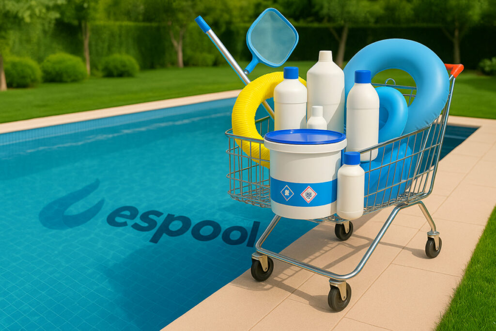 Productos de limpieza para piscina en carrito de compras.