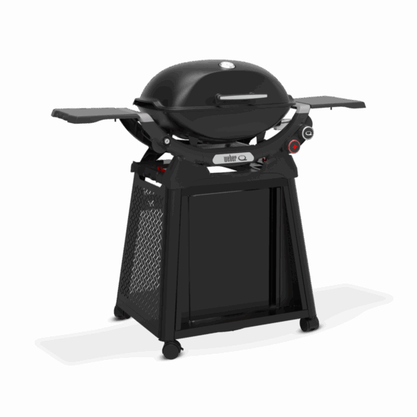 Barbacoa portátil negra con soporte y ruedas.