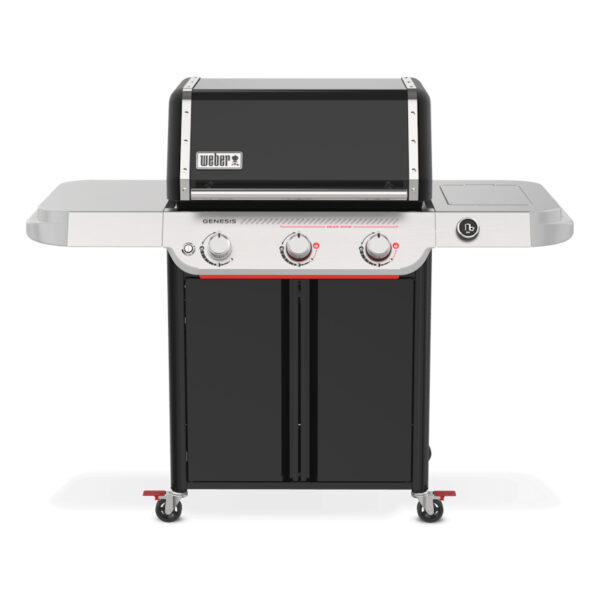 Parrilla de gas negra con quemadores y ruedas.