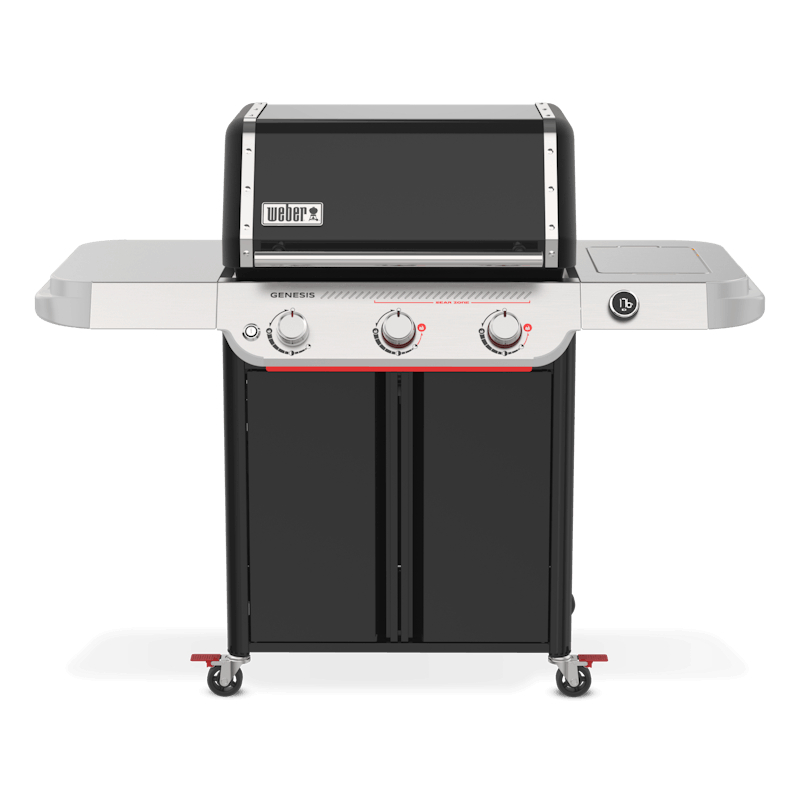 Parrilla de gas negra con quemadores y ruedas.