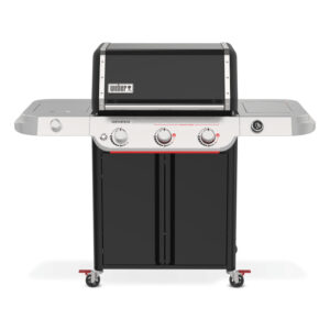 Parrilla de gas con tres quemadores, color negro.