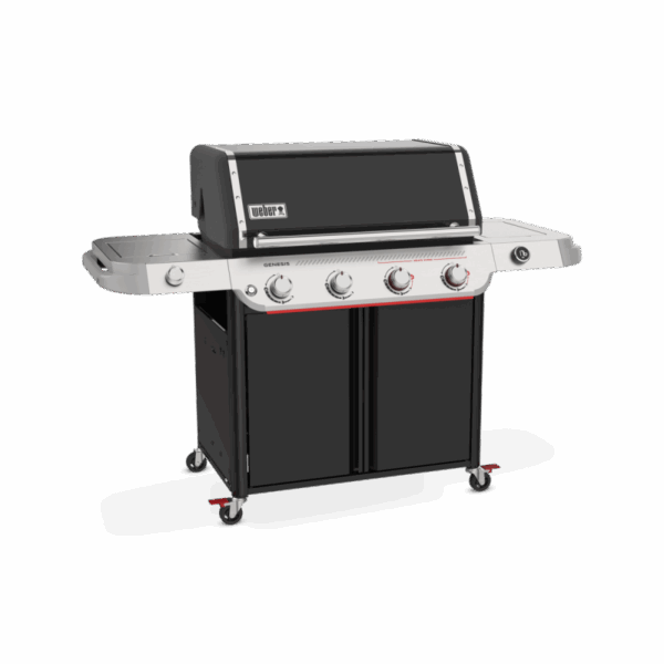 Parrilla de gas negra con cuatro quemadores.