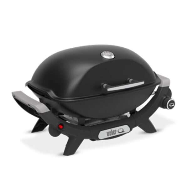 Barbacoa de gas portátil negra, modelo compacto.