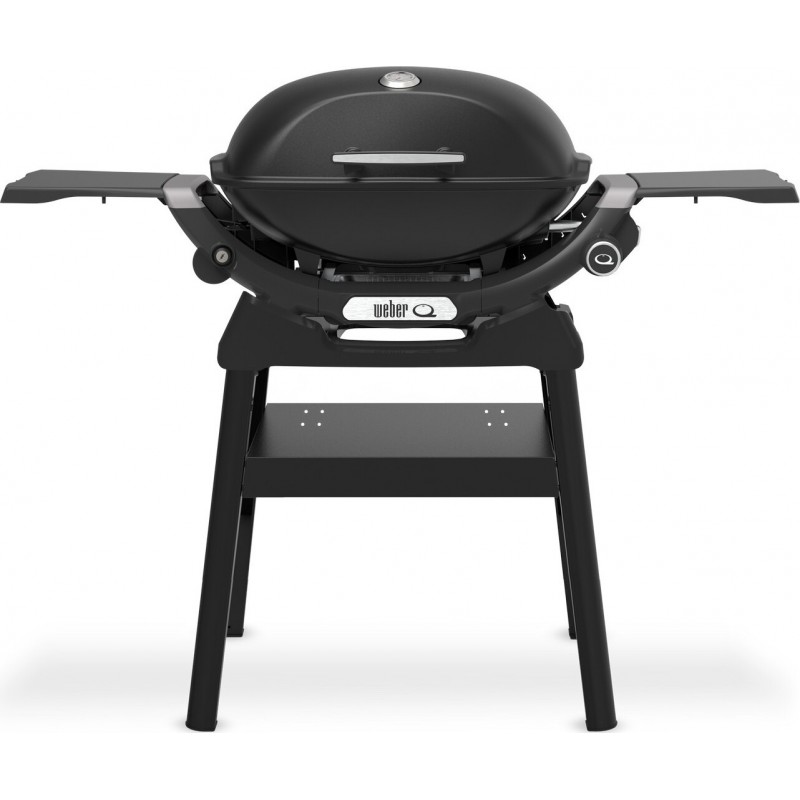 Parrilla eléctrica moderna negra con bandejas laterales