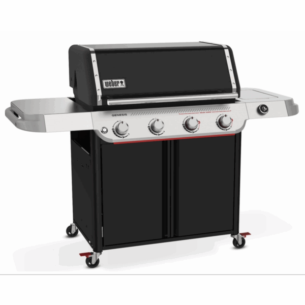Parrilla de gas moderna negra y plateada con ruedas.