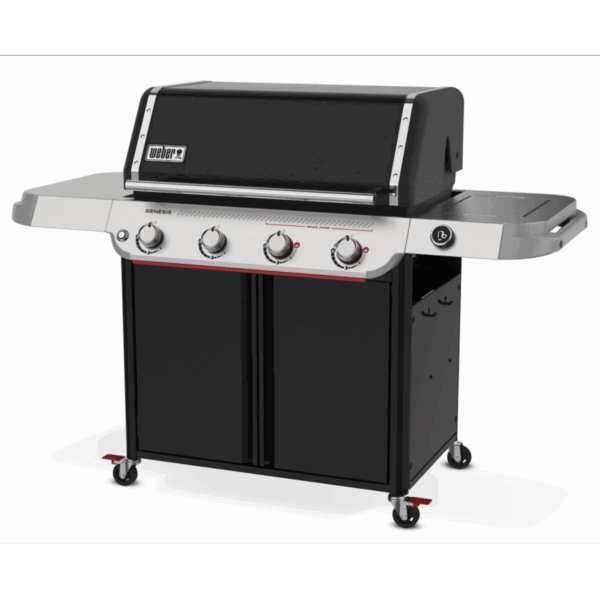Parrilla de gas con cuatro quemadores en negro.