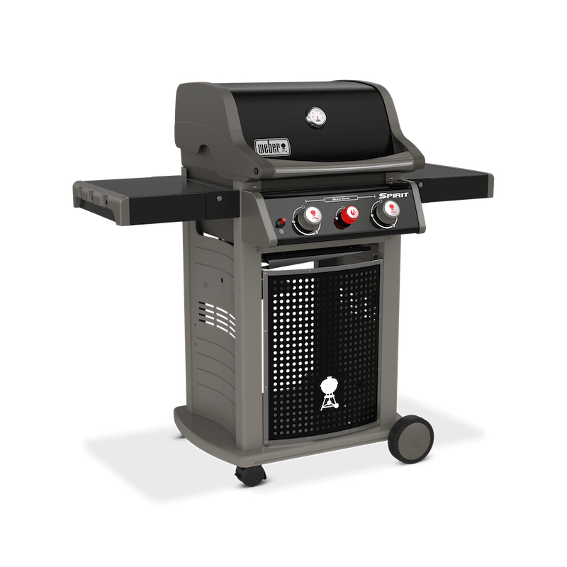 Barbacoa de gas portátil con ruedas y estantes.
