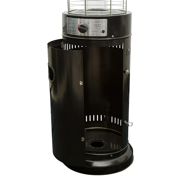 Calefactor exterior a gas con puerta abierta.