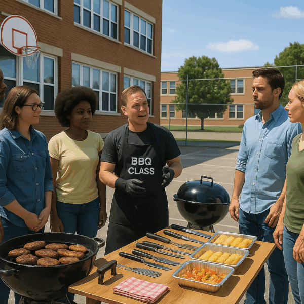 Clase de barbacoa al aire libre en escuela.