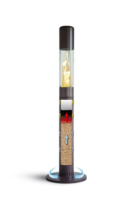 Calefactor de pellets con sistema de combustión visible.