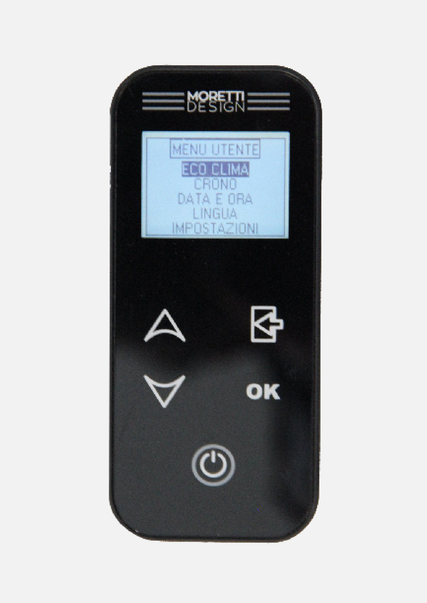 Control remoto negro con pantalla digital iluminada.