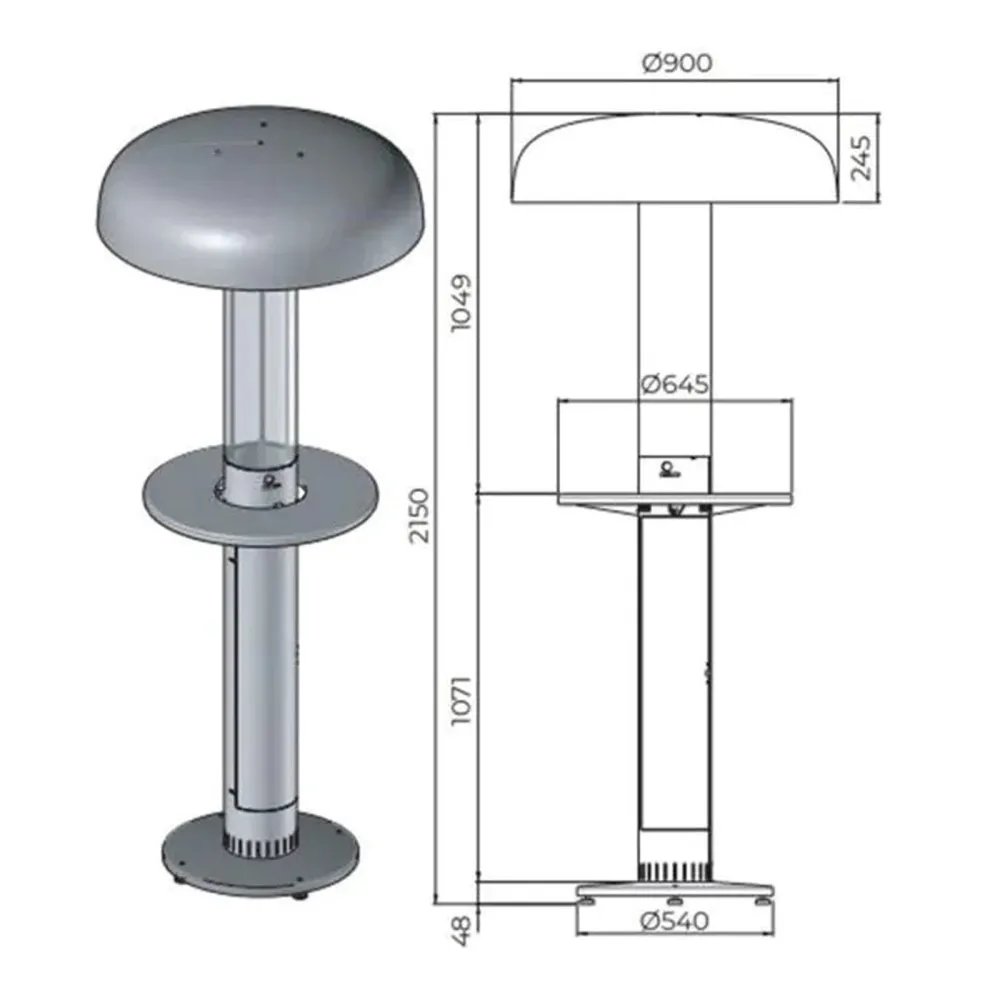 Lámpara exterior con medidas y diseño técnico.