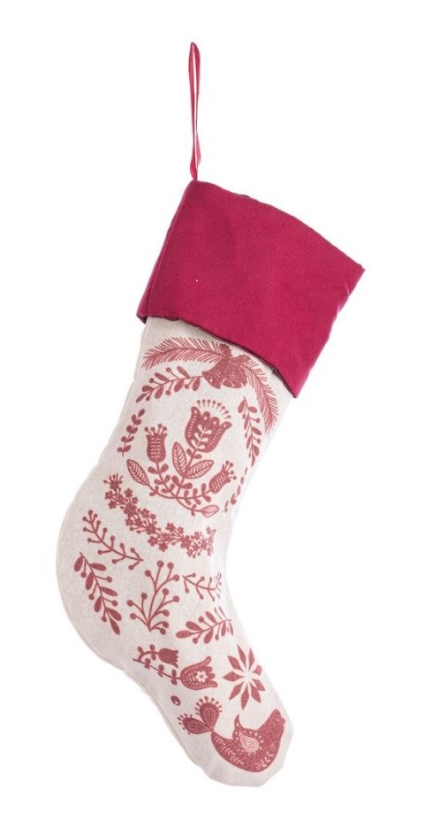 Calcetín navideño rojo con diseños florales.