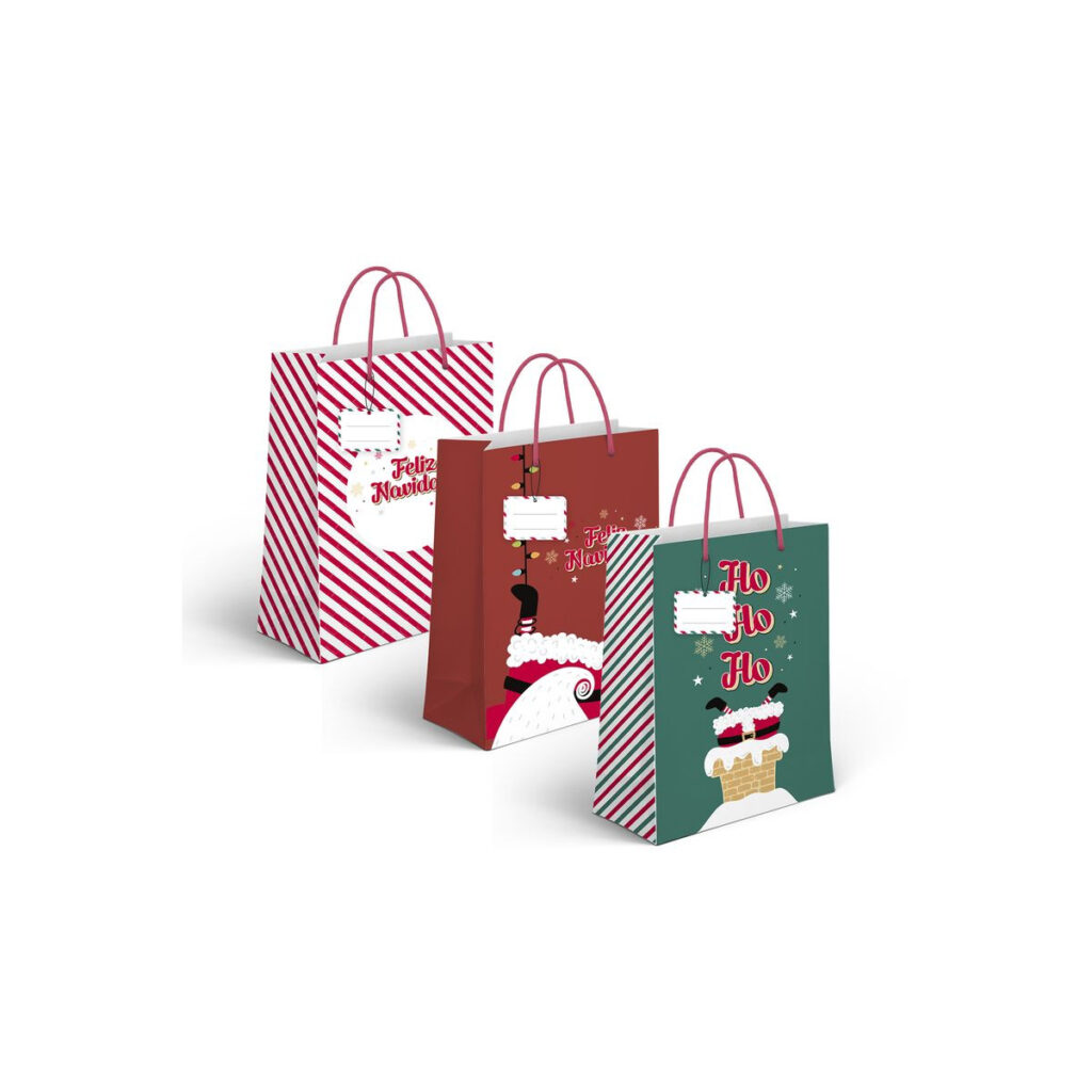 Bolsas de Navidad decorativas con mensajes festivos.
