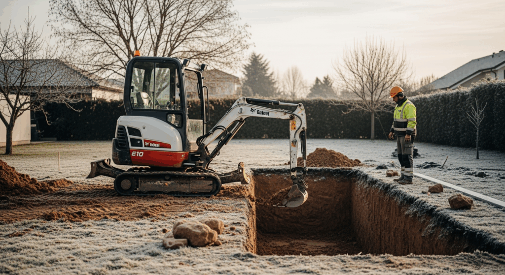 Miniexcavadora y operario en obra de jardín