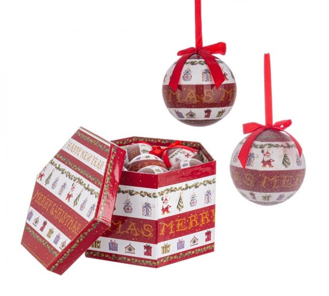 Caja decorativa con bolas navideñas rojas y blancas.
