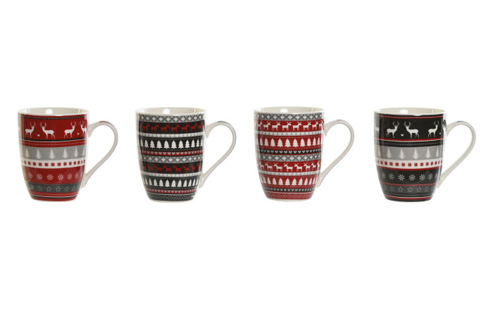 Cuatro tazas decoradas con patrones navideños escandinavos.