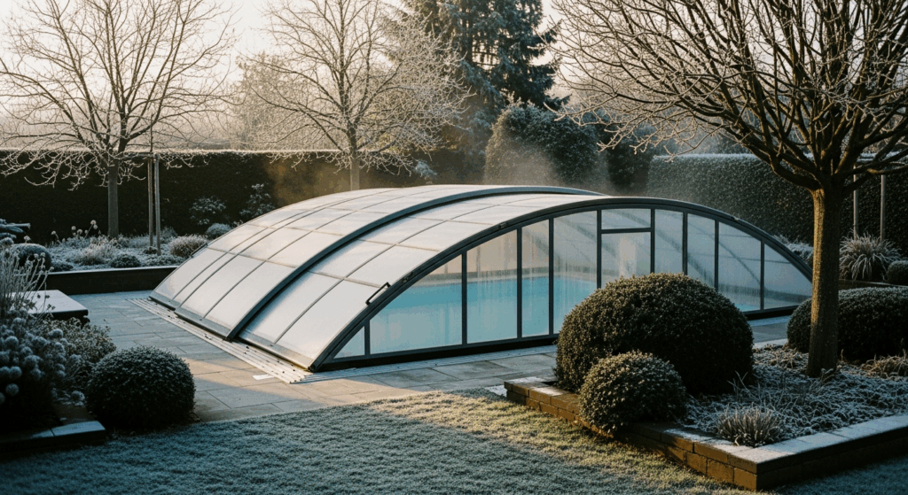Piscina cubierta en jardín helado de invierno.