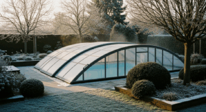 Piscina cubierta en jardín helado de invierno.