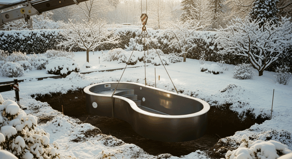 Instalación de piscina en jardín nevado