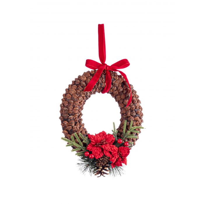 Corona navideña con lazo rojo y flores.
