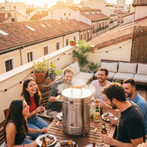 Amigos haciendo barbacoa en azotea al atardecer
