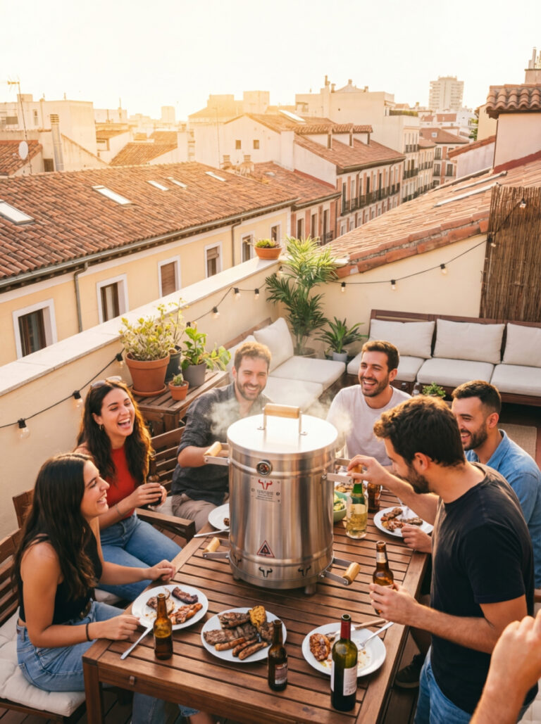 Amigos haciendo barbacoa en azotea al atardecer