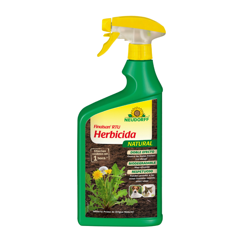 Botella de herbicida natural con pulverizador amarillo