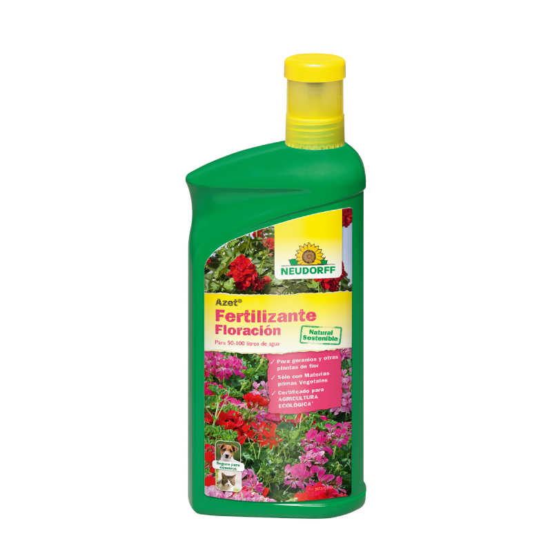 Botella verde de fertilizante para floración Neudorff