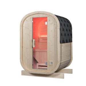 Sauna exterior de madera con puerta acristalada