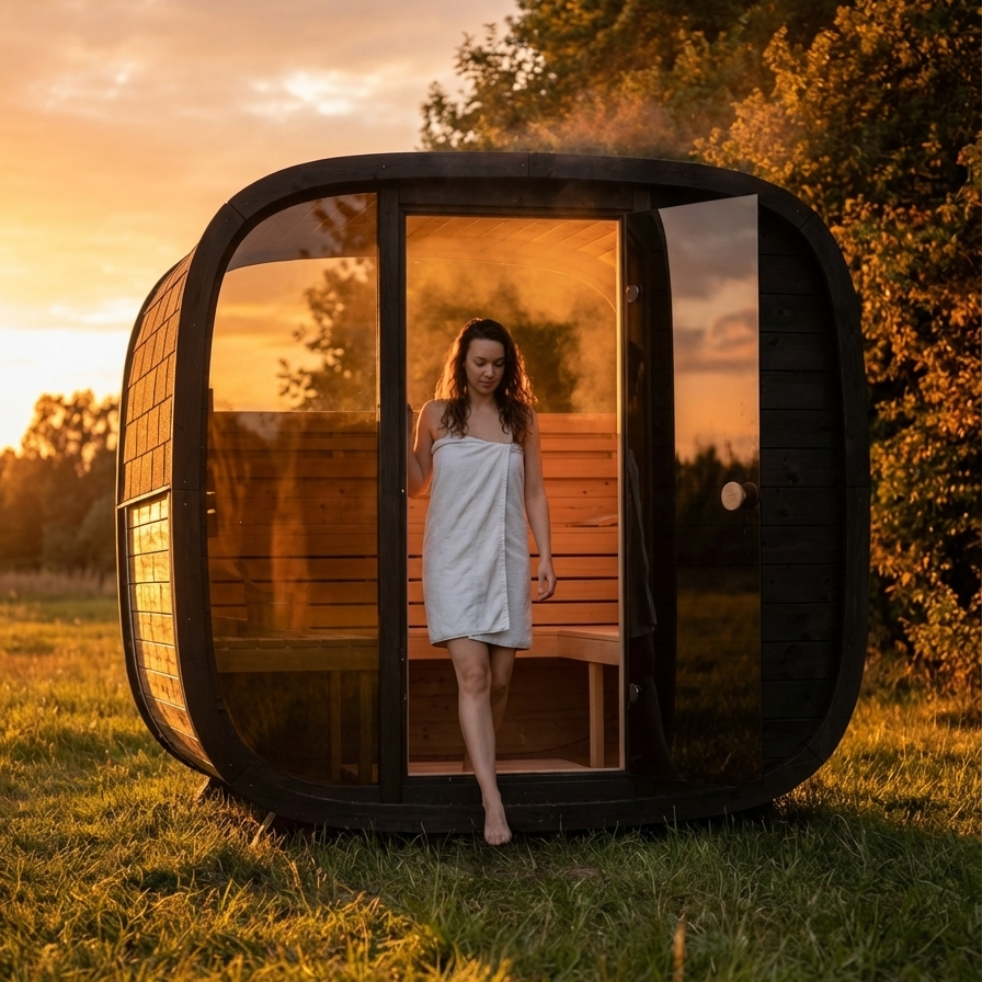 Mujer saliendo de sauna exterior al atardecer