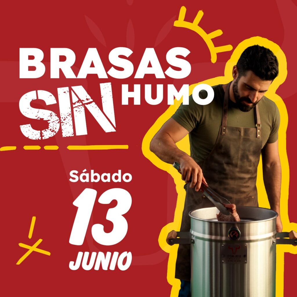 Hombre cocinando carne en brasas sin humo