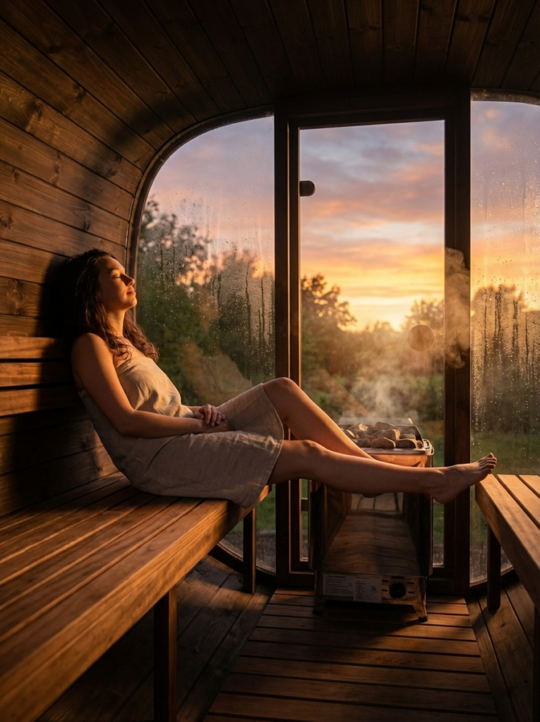 Mujer relajándose en sauna al atardecer