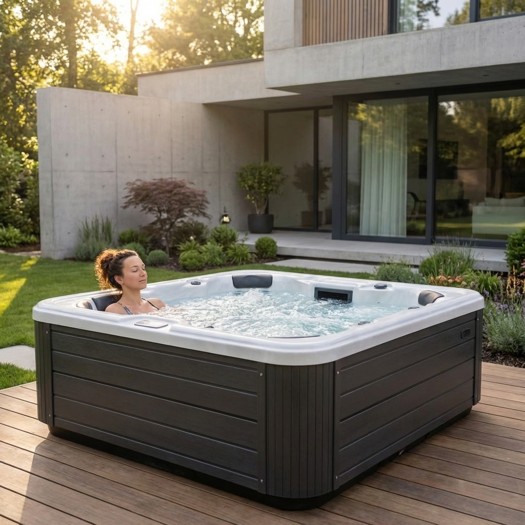 Mujer relajándose en jacuzzi exterior moderno
